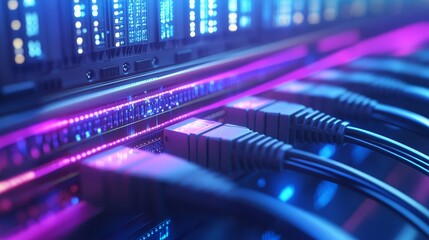 Server Rack with Ethernet Cables and Neon Lights