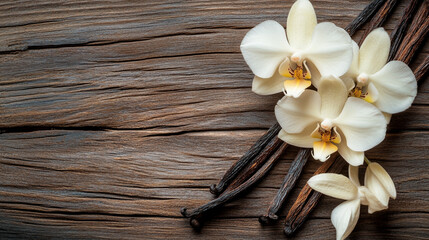 Dried vanilla sticks and vanilla orchid on wooden background. Delicate Orchids with Vanilla Beans on Rustic Wood Background. Beautiful white orchids are arranged with vanilla beans