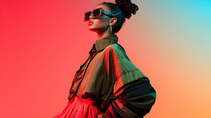 An eclectic mix of streetwear and haute couture fashion, blending oversized jackets, layered skirts, and unconventional accessories, photographed in front of a gradient color background