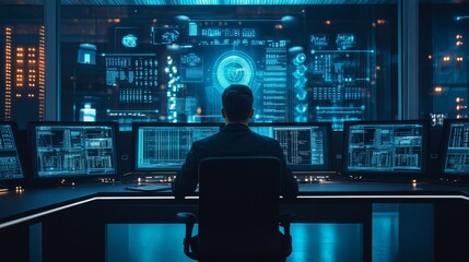 Cyber Security Specialist Working on Computer at Night with Digital Interface