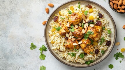 A fresh, vibrant plate of chicken mandi rice with almonds and raisins, set against a simple light backdrop.