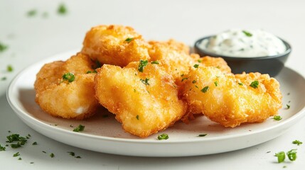 A plate of crispy fried fish with tartar sauce, photographed against a minimalistic light surface, no logos.