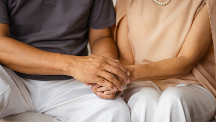Elderly couple holding hands to support each other through life's challenges that come with old age.