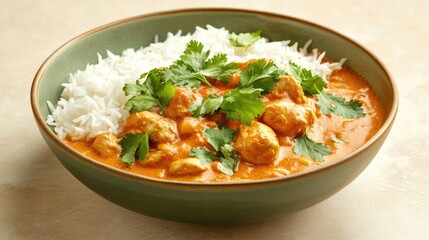 A vibrant bowl of chicken curry with basmati rice, garnished with fresh cilantro, set on a plain beige backdrop.