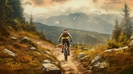 Obraz premium A man is riding a bike on a trail in the mountains