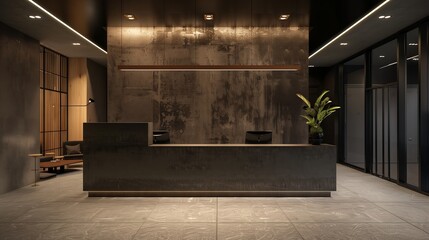 Modern Luxury Office Reception Desk in Minimalistic Design with Elegant Lighting and Green Plant Decor