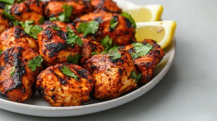 Fototapeta premium Close-up of a plate of grilled chicken tikka with fresh herbs and lemon wedges, placed on a plain light surface.