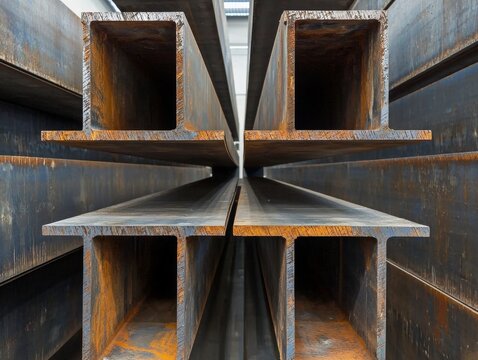 Steel in industrial warehouse, beam, pipe, steel plate - ai