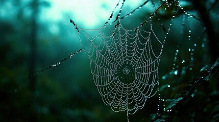 Delicate spider web glistening with dew in a moody forest setting.