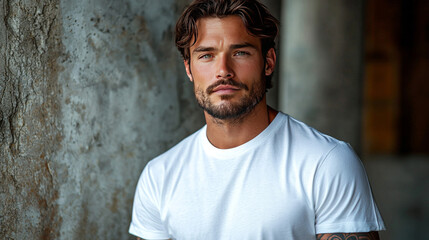 Obraz premium A young man with a beard and green eyes looks directly at the camera.