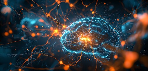 Illustration of a brain's neural network highlighting synapses and electrical activity.