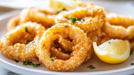 Close-up of crispy fried calamari rings with lemon wedges, placed on a clean white plate, no distractions.