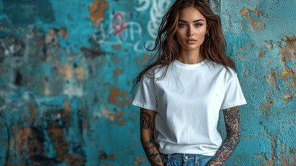 Young woman in a white t-shirt leans against a weathered wall.