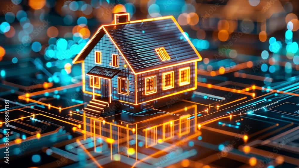 Aufkleber a detailed digital representation of a house, glowing with neon lights, is set against a backdrop re