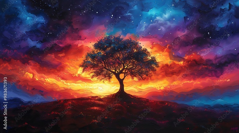 Wall mural abstract art of sunset sky with vibrant oranges and purples dynamic colors blending around a lone tr