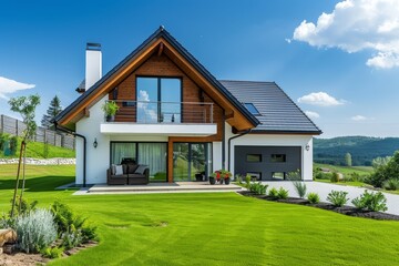 Modern country house featuring a garage, green grass, and beautiful landscape in the background, showcasing white and dark gray colors from the side view.