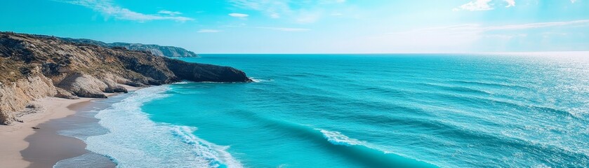 Fototapeta premium Turquoise Ocean Waves Crashing on Sandy Beach with Rocky Cliffs