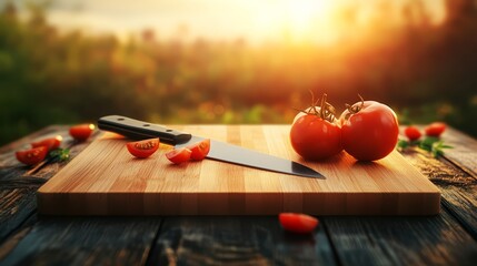 Tomatoes and Knife on Wooden Cutting Board with Sunset Background