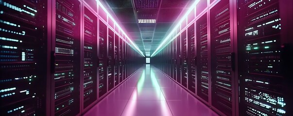 Computers line a server room, central to digital communications.
