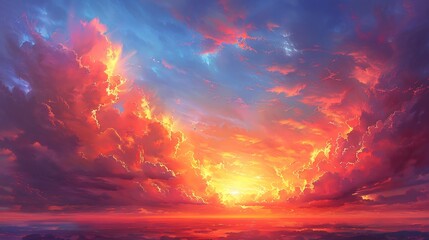 Abstract art of sunset sky dynamic oranges and reds with vibrant clouds drifting above