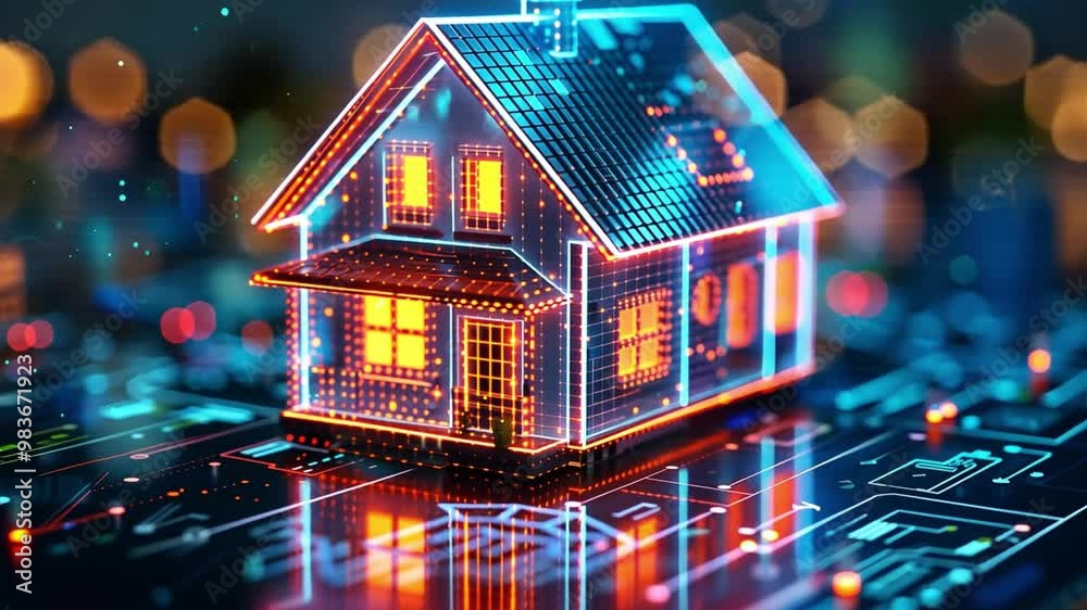 Poster This vibrant representation features a house glowing with orange lights, set in an abstract digital environment that suggests advanced technology and connectivity.