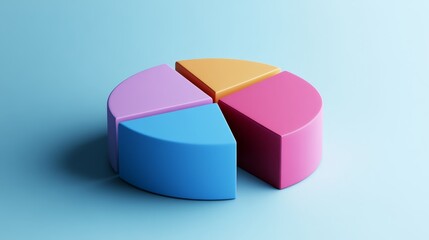 Obraz premium 3D Pie Chart Graph Sections Blue Pink Purple Orange Minimalist Background