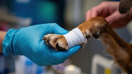 Close-up of a dog's paw bandaged with white gauze, held by a gloved hand.