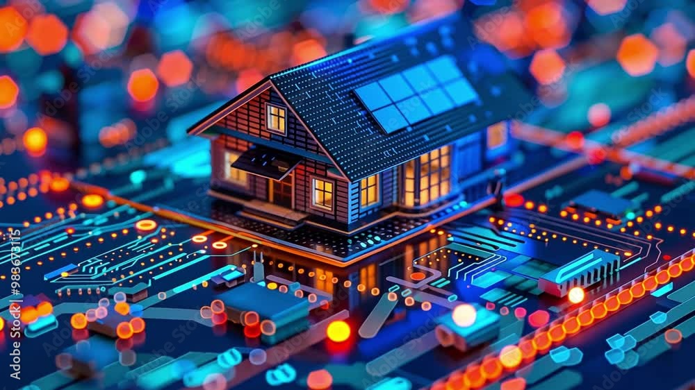 Leinwandbilder A small model of a house with solar panels sits atop a vibrant circuit board filled with illuminated components, representing advancements in smart home technology.