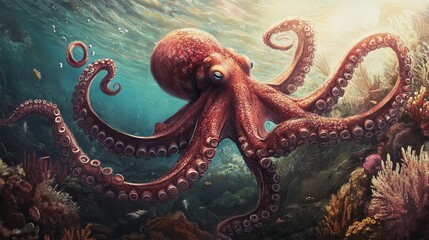 Obraz premium Celebrate Octopus Day by diving into the mysterious underwater world, where the intelligent and enigmatic octopus reigns as a master of camouflage and survival