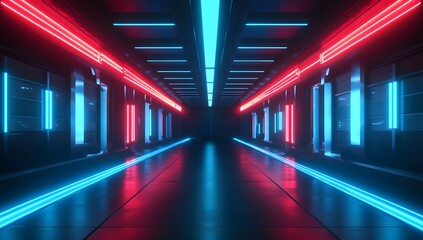 Fototapeta premium 3D render, an abstract futuristic background with neon blue and red lights in a dark room.