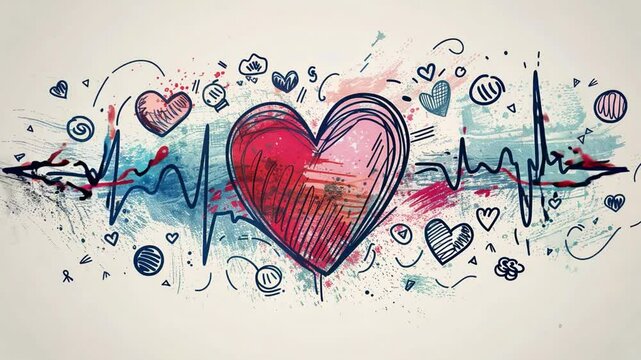 A vibrant heart illustration features heartbeat lines, swirling patterns, and playful doodles that convey themes of love and emotion in a creative design.