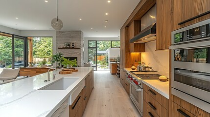 Fototapeta premium Modern Kitchen with White Marble Countertops, Stainless Steel Appliances, and Wooden Cabinets