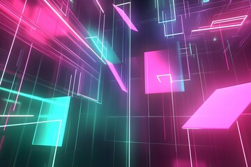 Obraz premium 3D render of a neon glowing background with a geometric pattern, in blue and pink colors