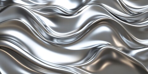 3D render of an abstract, wavy, liquid silver background with a shiny metallic surface