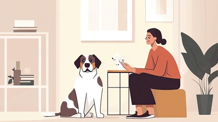 Woman Sitting on a Stool with Two Dogs in a Room