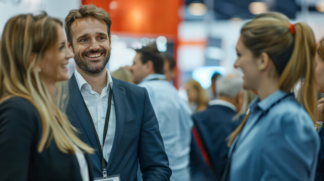 A charismatic exhibitor man, accompanied by two women, investigates the latest technological innovations showcased at trade shows.