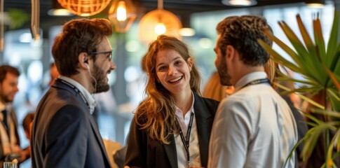 Obraz premium Male and female attendees engage in conversation at a booth during a commercial photography networking trade fair, trade show, and seminar event.