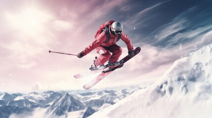 A man in a red jacket is skiing down a mountain