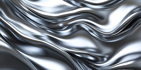 3D render of an abstract, wavy, liquid silver background with a shiny metallic surface