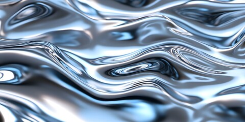 3D render of an abstract, wavy, liquid silver background with a shiny metallic surface
