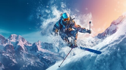 A man is skiing down a mountain with a blue and white helmet on