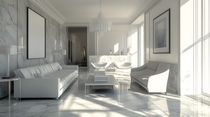 Chic living room in cool tones with marble accents, modern lighting, and stylish furniture, spacious and luxurious, hyper-real, high-quality, sharp images, graphic, illustration