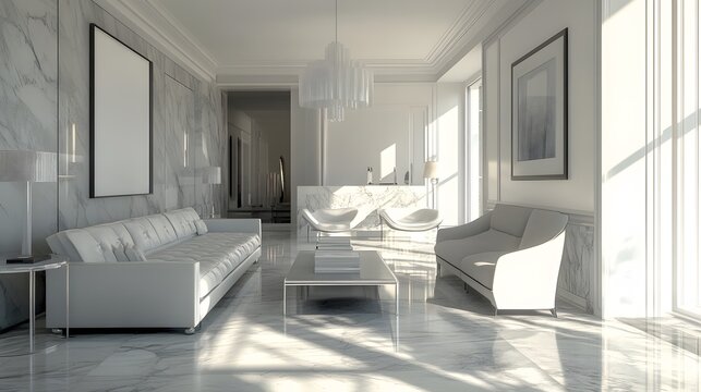 Chic living room in cool tones with marble accents, modern lighting, and stylish furniture, spacious and luxurious, hyper-real, high-quality, sharp images, graphic, illustration
