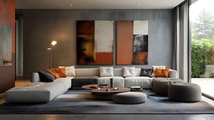 Stylish living room with cool colors, large comfortable seating, and abstract artwork on the walls, sleek and modern decor, hyper-real, high-quality, sharp images, graphic, illustration