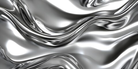 3D render of an abstract, wavy, liquid silver background with a shiny metallic surface