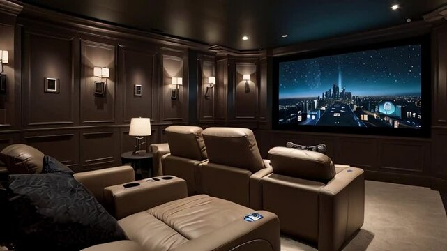 A sophisticated home theater with smart lighting that adjusts with the movie, a high-tech projector, and automated reclining seats.
