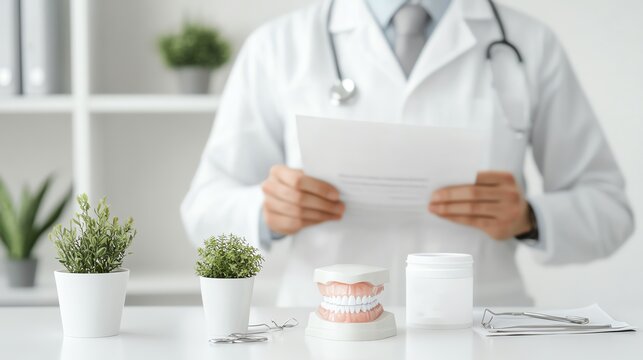 Dentist in white coat reviewing patient documents with dental tools and tooth model on desk in clinic, emphasizing dental care and professionalism.