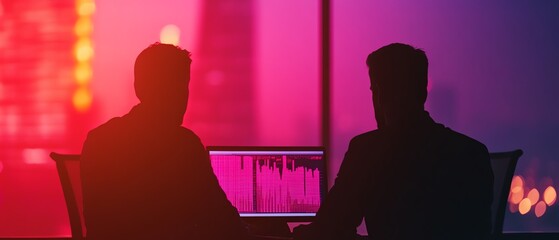 Two silhouetted men engaged in a business discussion in a moody, vibrant office setting with illuminated cityscape background.