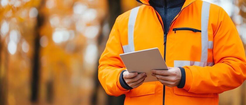 Worker in orange high-visibility jacket using tablet in autumn forest setting, emphasizing outdoor work and technology integration.