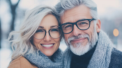 A happy older couple wearing glasses smiles for the camera.
